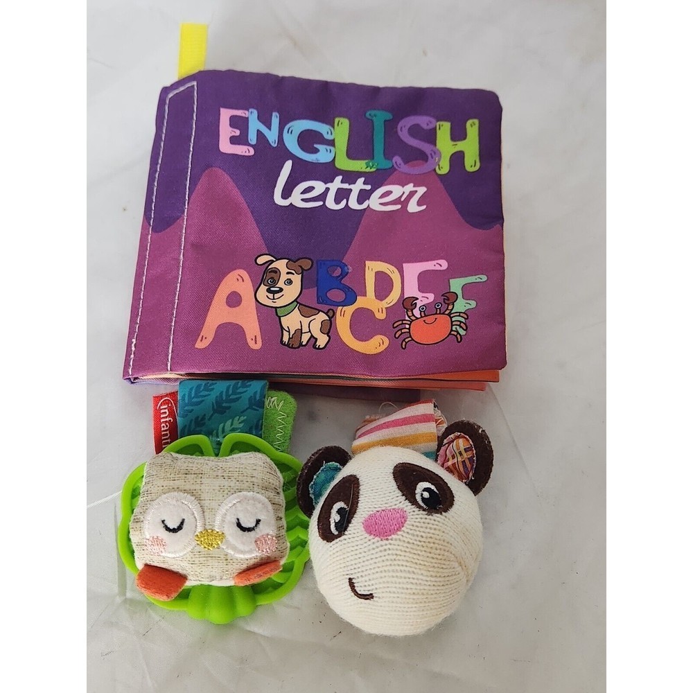 Infant Toy lot Of 3 Infantino Wrist rattle Owl Panda Knit soft ABC book crinkles